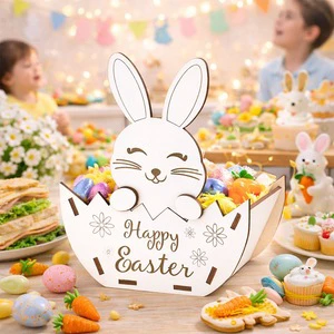 Wholesale New Easter Decoration Wooden Craft Egg Basket Easter Party Children's Toy Atmosphere Stand-Up Sign Wooden Ornament