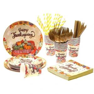 Happy Thanksgiving Theme Disposable Dinner Tableware Set Thanksgiving Day Harvest Theme Charger Plate Customized Drinking Ware