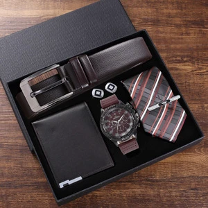 Exquisite Father's Day Gift Set-Luxury Stainless Steel Premium Belt Wallet Tie Large Dial Quartz Watch Random Cufflinks for Men