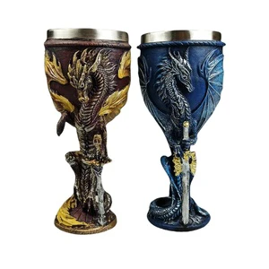 Wholesale Custom Vintage Party Bar Beer Mug Resin Ancient Blue Winged Dragon Sword Collectible Highball Glass Metal Material