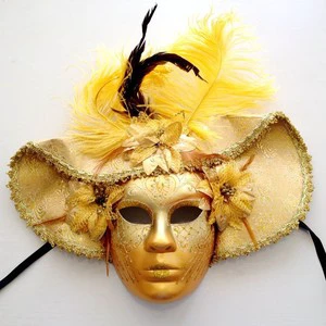 HLC Custom Princess Masquerade Mask with Hand-painting Feathers Venice Luxury Carnival Full-face Giant Mask with Oversized Hat