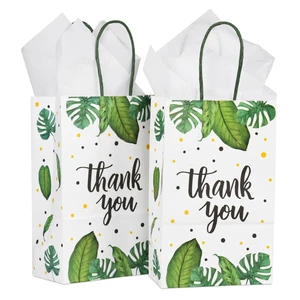 KM Paper Shopping Bag with Handles Tropical Print 'Thank You' Party Favor for Birthday & Wedding Thanksgiving Holiday Supplies
