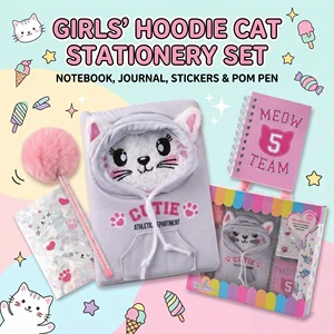 Cute Girls Stationery Gift Set Kitty Plush Notebook Pom Pom Pen Stickers Spiral Journal Kids Birthday Christmas Present