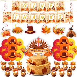 Thanksgiving Turkey Themed Party Supplies Banner Bunting Hanging Swirl Balloons Tablecloth Cake Topper for Thanksgiving Decor