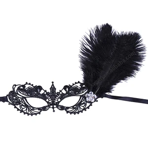 Venice Masquerade Female Lace Feather Mask Sexy Black Lace Party Eye Mask with Feather