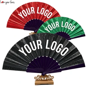 Custom Logo Glitter Fabric Gift Plastic Handle Hand Fan For Dance, Music Festival, Carnival