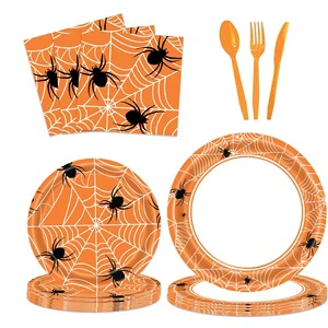 Bulk Spider Web Halloween Tableware Set, Disposable Party Plates Napkins Cutlery for Halloween Birthday Party Supplies