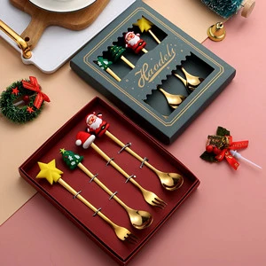 Christmas Gift Snowman Shape 4Pcs Silverware Stainless Steel Coffee Spoon Fork Gold Flatware Kids Gift Box Customized Factory