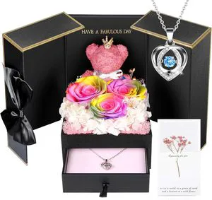 Preserved Real Rainbow Artificial Rose Silver Necklace Gift Set Romantic Valentine's Day Gifts for Wife Girlfriend Eternal