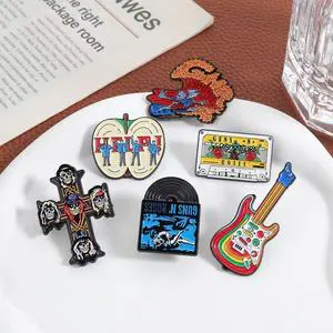 Cartoon Rock Band Vintage Punk Enamel Pins Cross Guitar Design Music Theme Lapel Brooch Wholesale Casting Chinese New Year