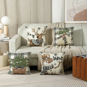 Linen Cushion Covers Christmas Pillow Cases Decorative Square Printed Elk/ Snowman Pillow Covers
