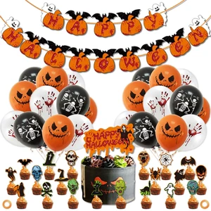 Xuance Halloween Decorations Supplies Halloween Banner Bat Ghost Blood Hand Print Balloon Cake Topper Kids Party Supplies X9131