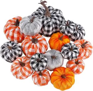 16 Pack Thanksgiving Decorations Artificial Pumpkins, Fabric Assorted Sizes Plaid Black White Orange Fall Decorations