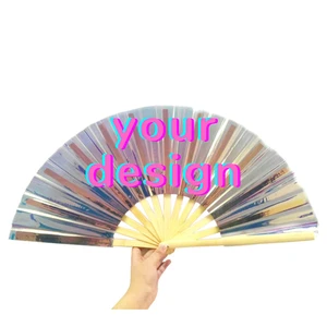 Holographic Large Reflective Hand Fan 33cm Spider Like Reflective Fan High Premium Bamboo Clack Rave Fan For Party Use