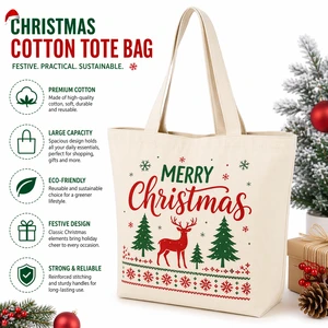 Custom Merry Christmas Festive Design Reusable Durable Portable Bag Large Capacity Eco Friendly Shopping Gift Cotton Canvas Tote