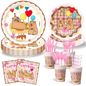 Cartoon Pink Kapibala Theme Children's Birthday Party Tableware Disposable Paper Plates Paper Cups Paper Towels Banner Supplies