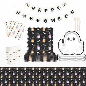 Halloween Party Pumpkin Ghost-themed Decoration Set Including Disposable Banner Paper Plates, Paper Cups and Paper Towels