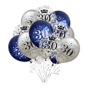 30th Birthday Durable Latex Balloons 15 Pcs Blue Silver Navy Confetti Decorations for Adults Unisex Party Supplies