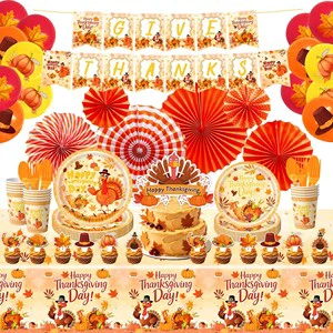 Thanksgiving Party Kit Give Thanks Banner Disposable Tableware Paper Fans Pumpkin Balloon Cake Topper Fall Harvest Dinner Decor