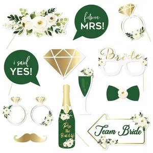 12pcs Fashion Wedding Photo Booth Props Green Cartoon Theme 350gsm Card Roses Party Decor Bridal Shower Graduation Christmas New