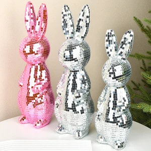 High Quality Handmade Glass Foam Reflective Mirror Ball Disco Rabbit Statue Easter Decoration Hanging Home Decor Ornament Modern