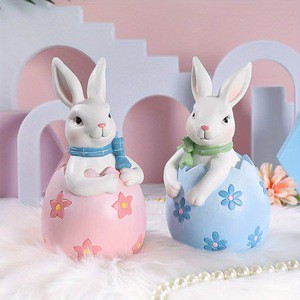 Best Selling Creative Easter Half-length Egg Couple Rabbit Resin Crafts Easter Home Living Room Desktop Holiday Decoration