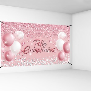 180*110cm Pink Golden Happy Birthday Backdrop Banner Flag Wall Sign for Boys Girls Adults Birthday Decoration Party Event Supply