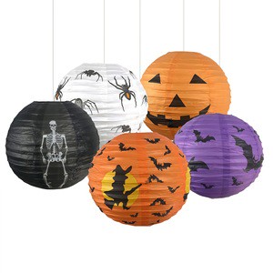Spooky Halloween Theme Round Paper Lanterns With Bat Pumpkin Spider Print For Home Bar Kids Halloween Trick Or Treat Party Decor