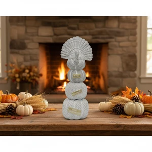 Resin Sculpted Stacked Turkey Pumpkin Thanksgiving Fall Decor 'FALL GIVE THANKS HAPPY THANKSGIVING' Text