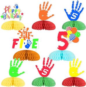 8pcs Hi Five Birthday Party Decorations 5th Birthday Decorations for Boys Girls Honeycomb Centerpiece Table Topper Decoration