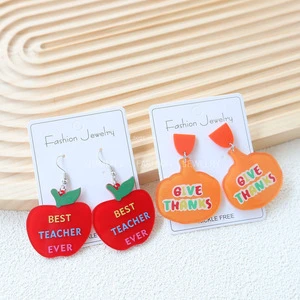 Thanksgiving Theme Earring Set (Best Teacher Apple + Give Thanks Pumpkin) Cute Acrylic Jewelry Hot Selling for Women