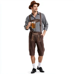 Men's Oktoberfest Costume Set Black White Gingham Long Sleeve Shirt Brown Shorts Bavarian German Beer Festival Outfit
