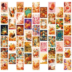 50 Thanksgiving Greeting Cards Harvest Season Pumpkin & Turkey Design Wall Decorations for Indoor Bedroom Use
