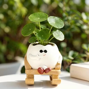 Adorable Joyful Face Plant Resin Eco-Friendly Lightweight Potted Planter Drainage Hole Creative Garden Decor For Thanksgiving