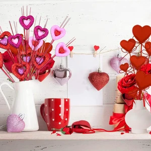 HLC Creative Valentine Day Heart Shape Branc Home Ornament Hollow Glitter Foam Sticks for Wedding DIY Accessories Cake Topper