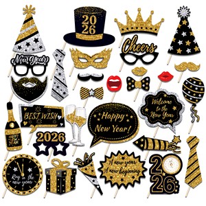 Huancai 2026 New Year Decorations 30PCS Black Gold Photo Booth Props with Sticks Party Props Kit for New Year Eve Party Supplies