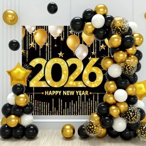 2026 Happy New Year Birthday Party Decoration Banner Balloon Set Black Gold Silk & Plastic China Supplies