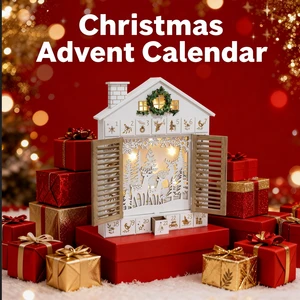 Luxury European FSC Christmas Advent Calendar White Wooden House Shutter Door LED Reindeer Scene Christmas Decoration Supplies