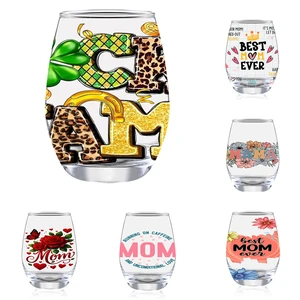 New Arrivals Mother's Day Pattern Mini Cute Luxury Reusable 12oz Stemless Glass Wine Tumbler for Mom's Gift