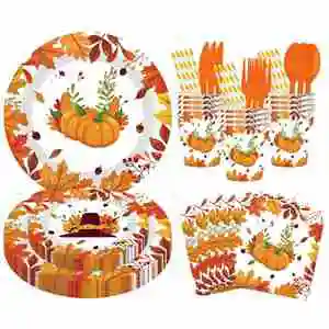 Thanksgiving Party Supplies Pumpkin Maple Leaf Tableware Dinnerware Disposable Paper Plates Cups Napkins