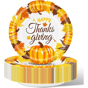 Thanksgiving Disposable Plates Fall Pumpkins Paper Plates Autumn Round Tableware Harvest Thanksgiving Party Supplies