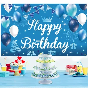 Blue Happy Birthday Backdrop for Adults Boys Babies Durable Polyester 150x90cm Party Banner Balloons Wall Decorations Custom