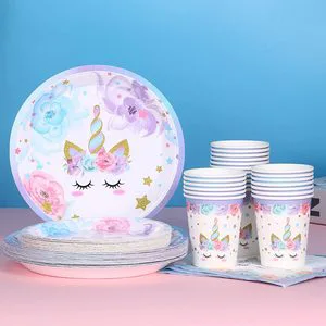 Modern Purple Unicorn Theme Children's Birthday Party Disposable Food Grade Paper Plates and Dinnerware Set