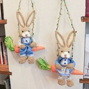 Multistyles 14 Inch Handmade Eco-friendly Grass Bunny Figure with Hanging Rope Easter Holiday Decoration for Home & Garden