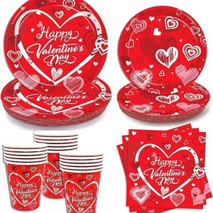 Romantic Red Heart Valentine Day Party Kit Disposable Tableware (Plates/Napkins/Cutlery) + Decorations