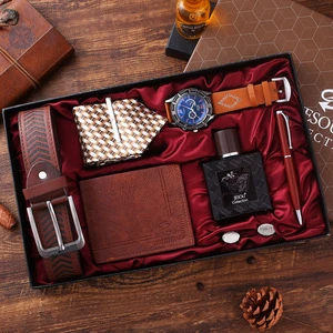 Hot Selling Exquisite Business Men Gift Box Set Leather Watch Belt Necktie Wallet Fragrance Button Pen Business Men Gift Box Set