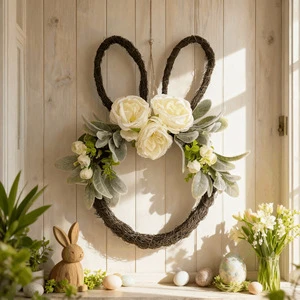 Easter Bunny Vine Door Hanging Faux Rose and Willow Leaf Wall Decor Glowing Indoor Accessories and Ornaments for Easter Wedding