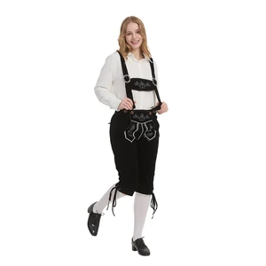 Women Black Embroidered Knee-Length Bavarian Suspender Pants Polyester Octoberfest Themed Durable Fabric Factory Supply BSCI CPC
