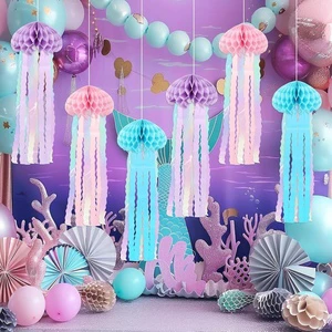 Pastel Honeycomb Paper Jellyfish Hanging Decorations for Mermaid Under the Sea Birthday Baby Shower Party Decor