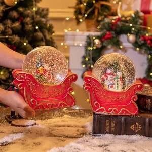 Christmas decorations: crystal balls, music boxes, Santa Claus, snowmen, snowflakes, lights, gifts